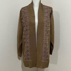Maurada Beige Open Cardigan Sweater Lace & Pearl Accents